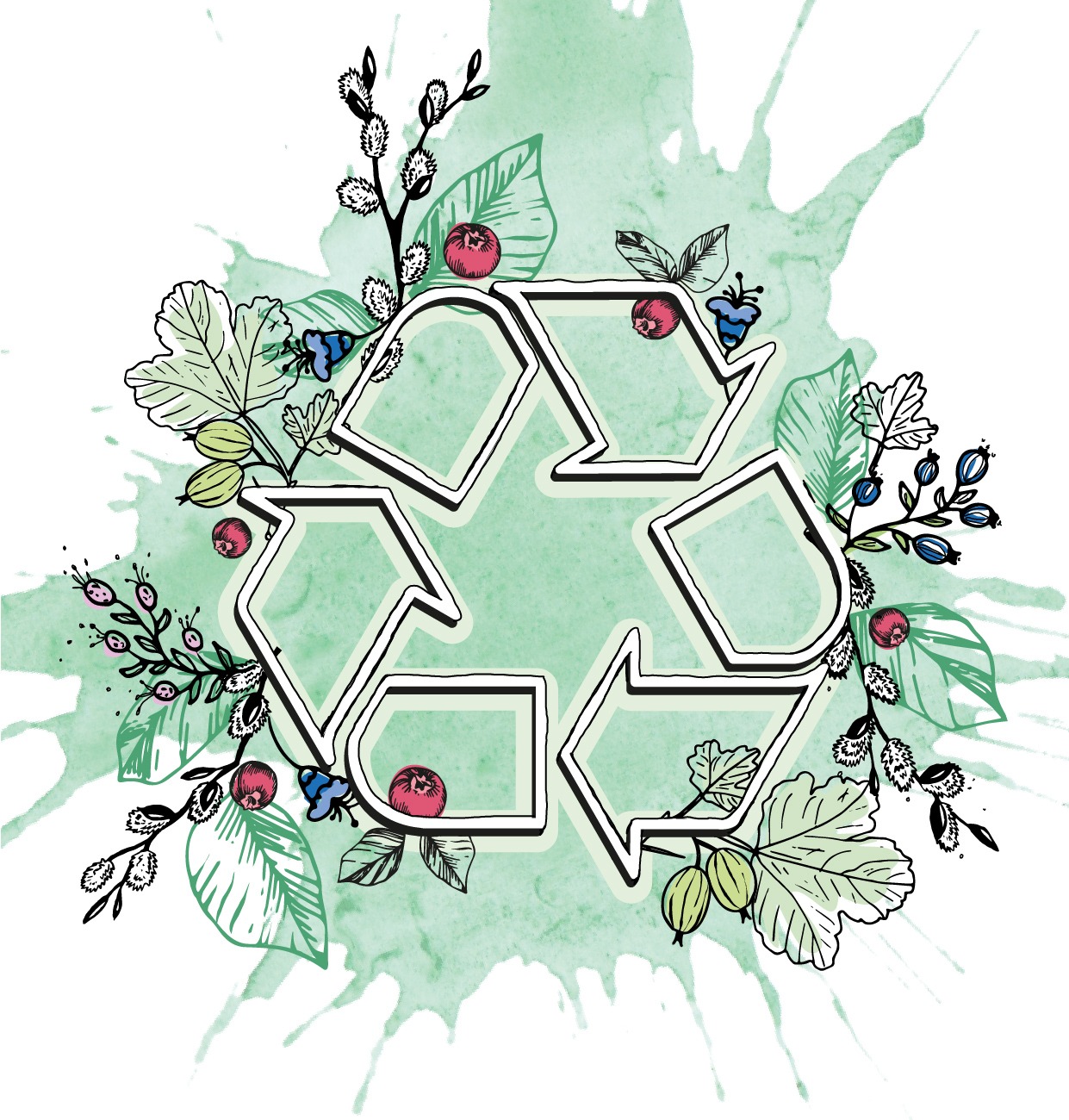 Illustration tecknad och med akvarell av växter och symbolen för kretslopp